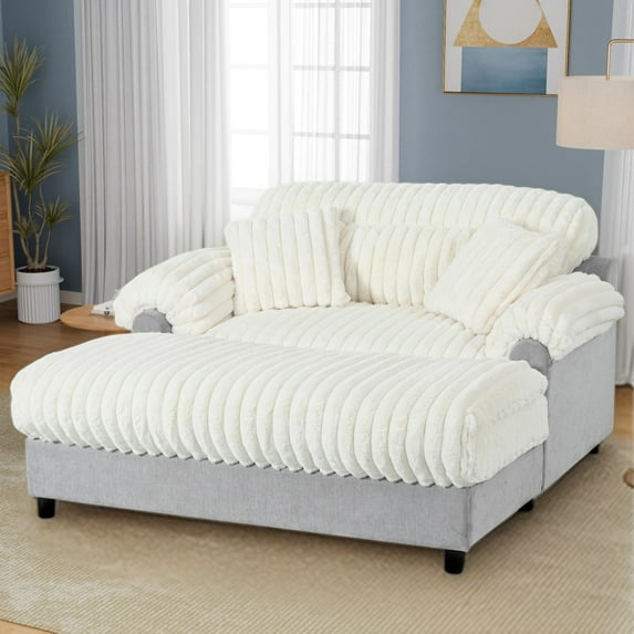 65" Oversized Chaise Lounge Chair Indoor, Faux Rabbit Fur Upholstered Cloud Couch with Wood Frame, Deep Seat Sleeper Sofa Bed for Living Room, Beige