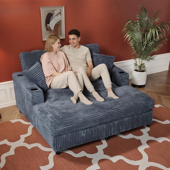 Chalantevo,65" Oversized Chaise Lounge Chair Indoor, Upholstered Sofa Bed with Pillows & 2 Cup Holders, Sleeper Couch Comfy Corduroy Recliner Chair for Living Room, Movie Room, Bedroom, Gray