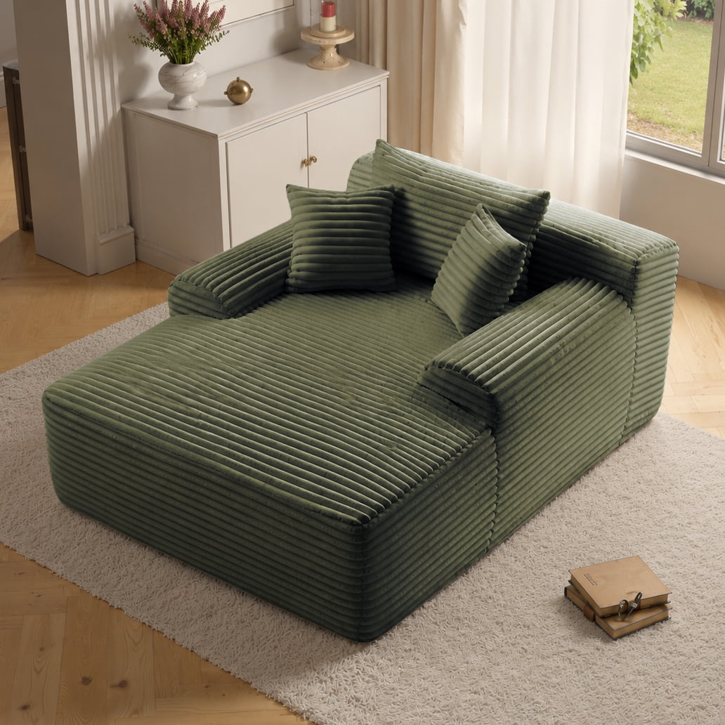 65" Oversized Chaise Lounge Chair with Wide Armrest & Throw Pillows,Corduroy Upholstered Boneless Sleeper Sofa Bed Armchair with Cup Holder for Living Room,No Assembly Required,Green
