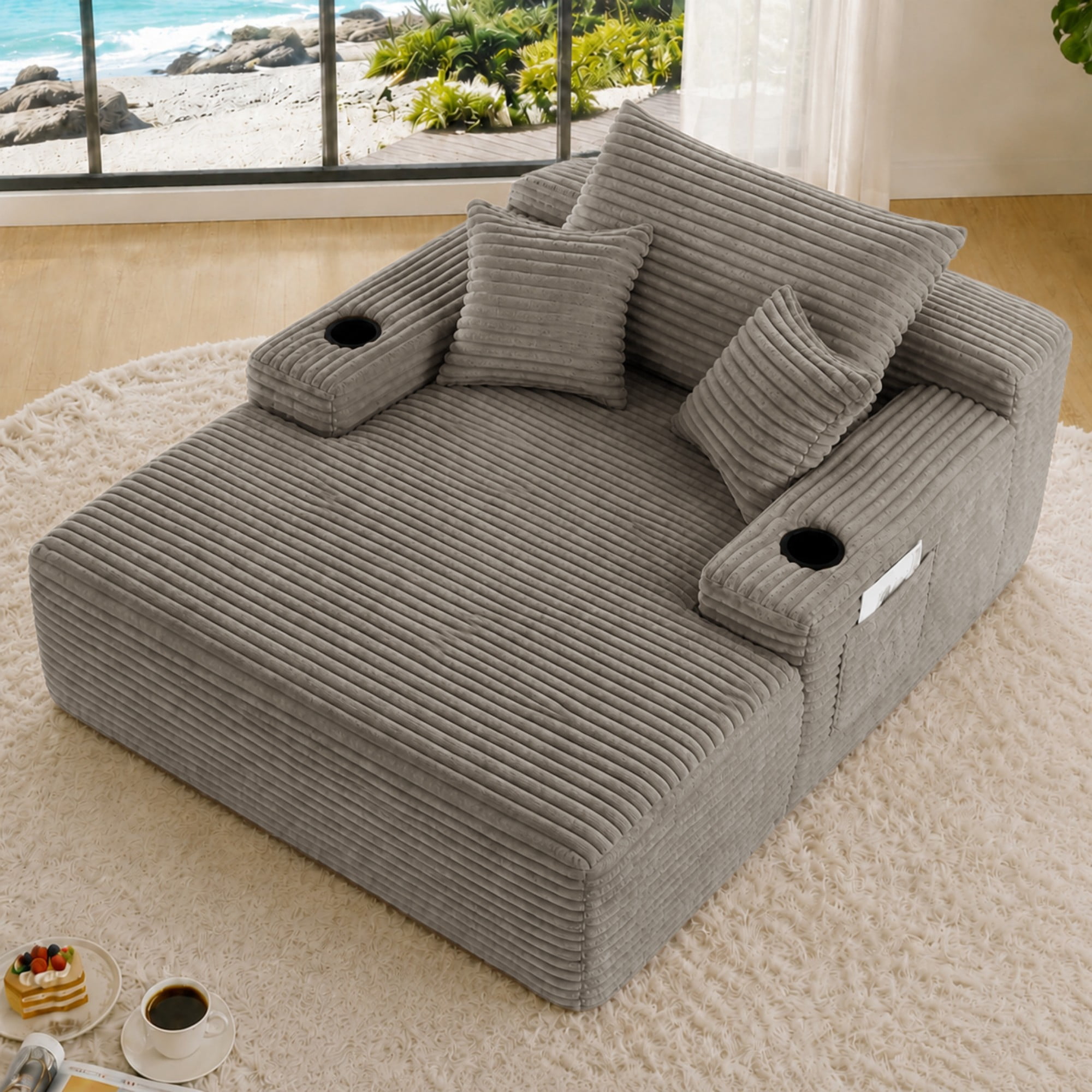65" Oversized Chaise Lounge Chair with Wide Armrest & Throw Pillows,Corduroy Upholstered Boneless Sleeper Sofa Bed Armchair with Cup Holder for Living Room,No Assembly Required,Grey Brown