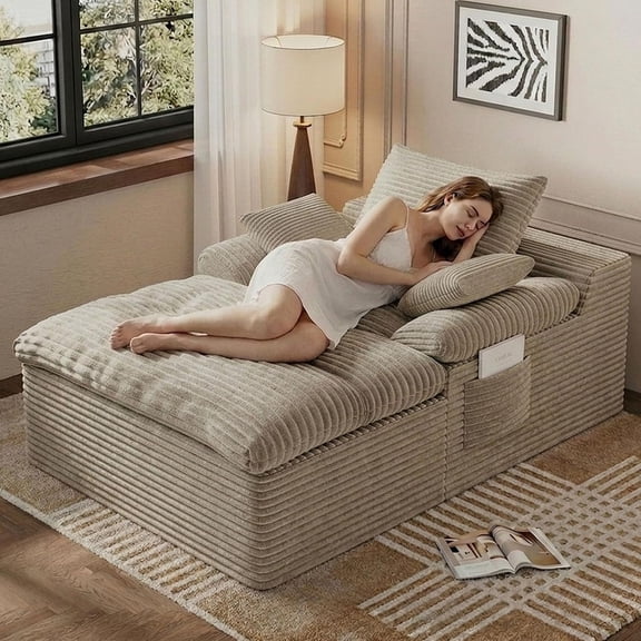 65" Oversized Indoor Chaise Lounge Chair, Boneless Chaise with Cup Holders, Side Pockets, 3 Pillows, Cloud Corduroy Sofa Bed, No Assembly Required