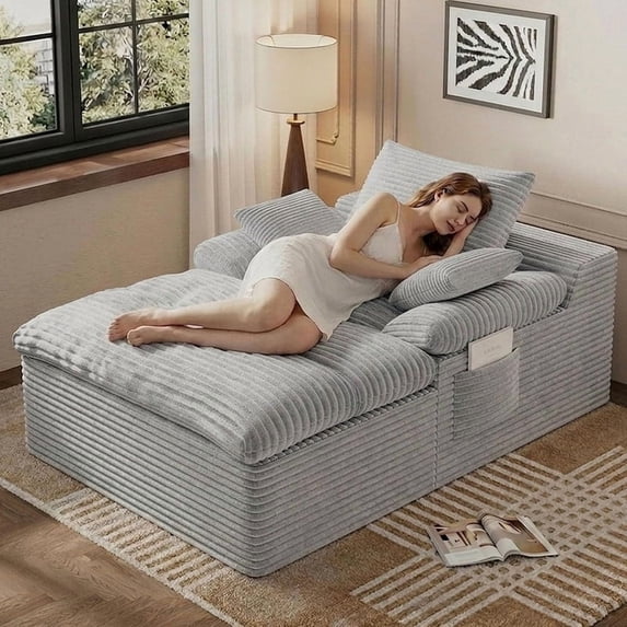 65" Oversized Indoor Chaise Lounge Chair, Boneless Double Layer Side Pocket Chaise with 3 Pillows, Cloud Corduroy Sofa Bed, No Assembly Required, Light Grey