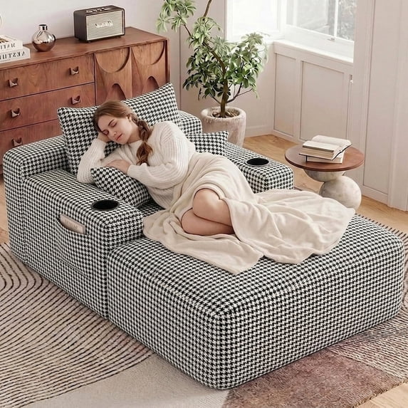 65" Oversized Indoor Chaise Lounge Chair, Boneless Double Layer Side Pocket Chaise with 3 Pillows, Cloud Corduroy Sofa Bed, Black