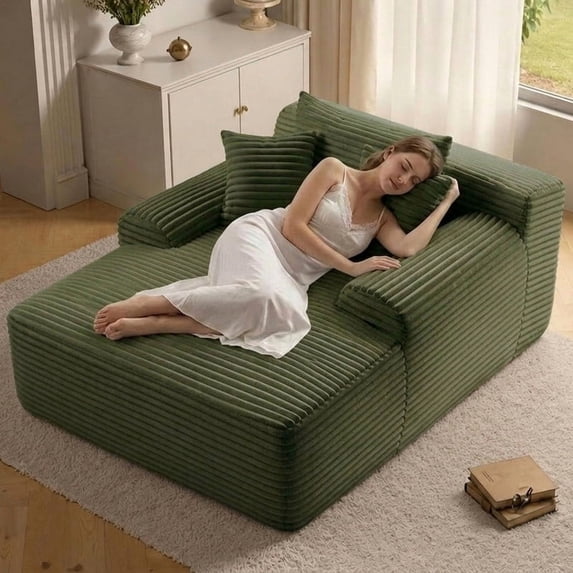 65" Oversized Indoor Cloud Couch Chair, Boneless Wide Armrest Chaise with 3 Pillows, Comfy Corduroy Sofa Bed, Green