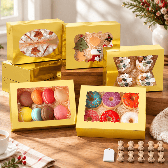 65 PCS 8x6x2.5 Inch Cookie Boxes with Window Gold Bakery Boxes Pastry Boxes for Gift Giving, Treat, Dessert, Cupcakes, Chocolate, Strawberries, Donuts, Muffins (5 Style Windows)