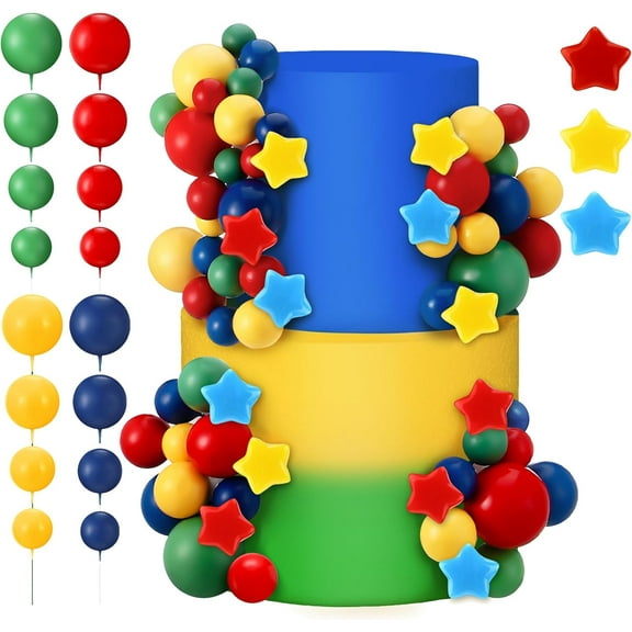 65 PCS Cartoon Cake Topper Decoration Them Birthday Cake Ball Picks with Star and Happy Red Blue Green Yellow Topper for Cartoon Video Game Bro Birthday Party Supplies