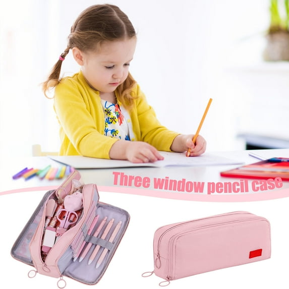 PEONAVET Pencil Case Large Capacity Pen Pouch with 3 CompartmentsCutr Pencil Bag with Zipper Pen Pencil Holder and Organizer for Home Office(Pink)