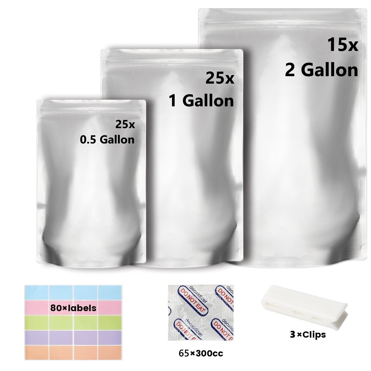65 Pack Mylar Bags for Food Storage with Oxygen Absorbers 300cc and