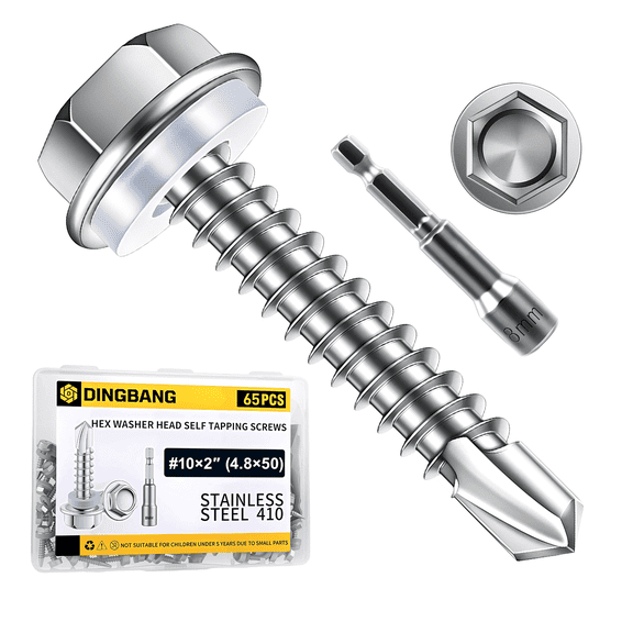 65 Pcs (#10×2"/4.8×50) 410 Stainless Steel Hex Head Self Tapping Screws For Metal ,Hex Washer Head Self Tapping Sheet Metal Screws Assortment Kit With Screw Driver Bit