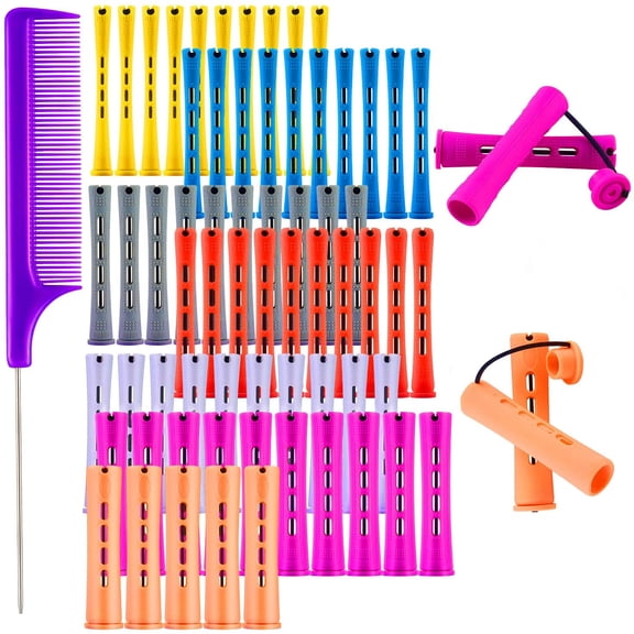 65 Pcs Hair Perm Rods Set, Plastic Perming Rods Cold Wave Rods Hair Curling Rollers Set with Steel Tail Comb for Salon Home Hairdressing Styling