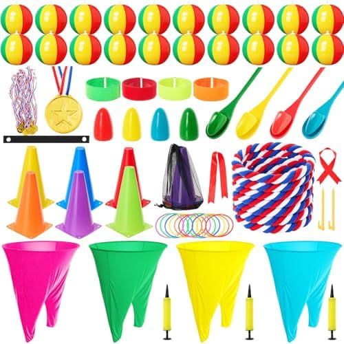 65 Pcs Outdoor Carnival Yard Game Set Include Giant Granny Pants and Bouncy Balls Ring Toss Game Tug of War Rope 3 Legged Race Egg and Spoon Medals for Carnival Yard Family Reunion Backyard