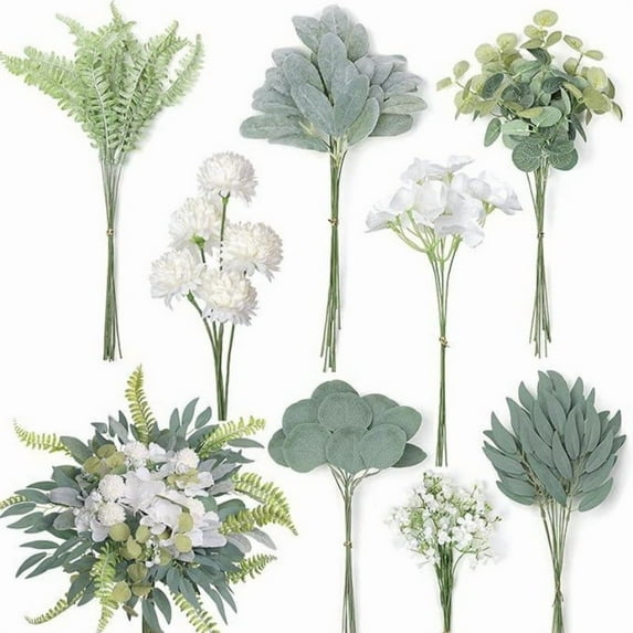65 Pcs Sage Green Faux Greenery Stems, 8 Kinds Fake Flowers for Bouquets DIY