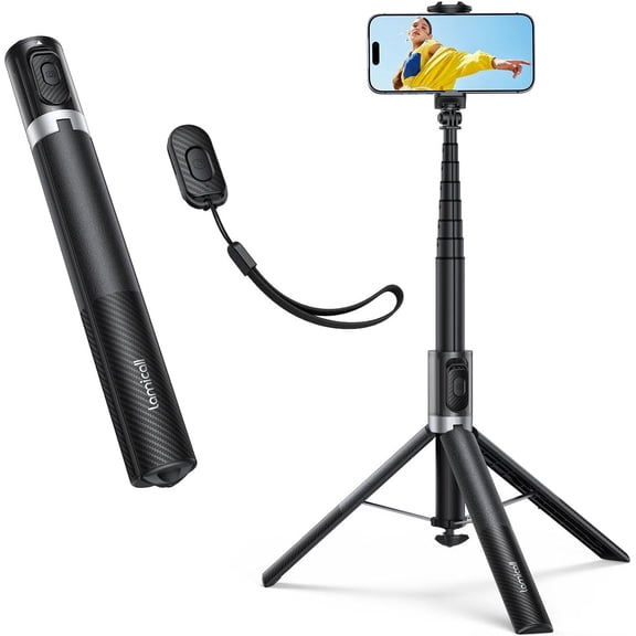65" Phone Tripod & Selfie Stick - [Tap-to-Open] iPhone Tripod with Remote & Cold Shoe, Aluminum Phone Stand for Recording Compatible with iPhone for Video Record Live Vlog Mothers Day Black