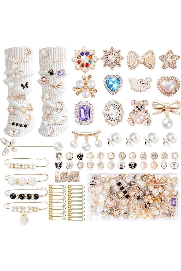 65-Piece Junk Socks Charms Kit, Gold Brooches and Pins with Pearls and Rhinestones for Women