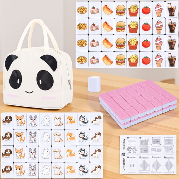 65-Piece Mahjong Tile Set with Panda Bag, 30x22x14mm Tiles, Dog & Food Pattern, Includes Instructions