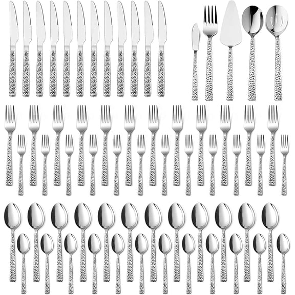 65-Piece Silverware Set with Serving Pieces, Stainless Steel Hammered Flatware Eating Utensils Service for 12, Modern Tableware Cutlery Set with Square Edge, Mirror Polished, Dishwasher Safe