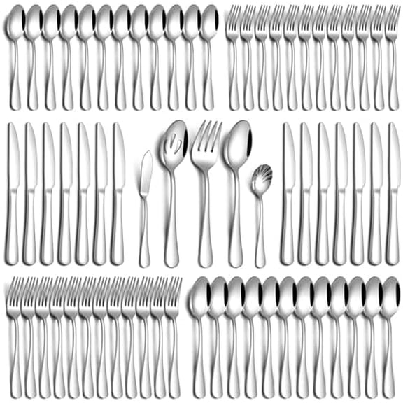 65 Piece Silverware Set with Serving Utensils, Stainless Steel Flatware Set for 12 Food Grade Novelty Flatware Cutlery Utensil Set Include Knife Fork Spoon Mirror Polished Dishwasher Safe