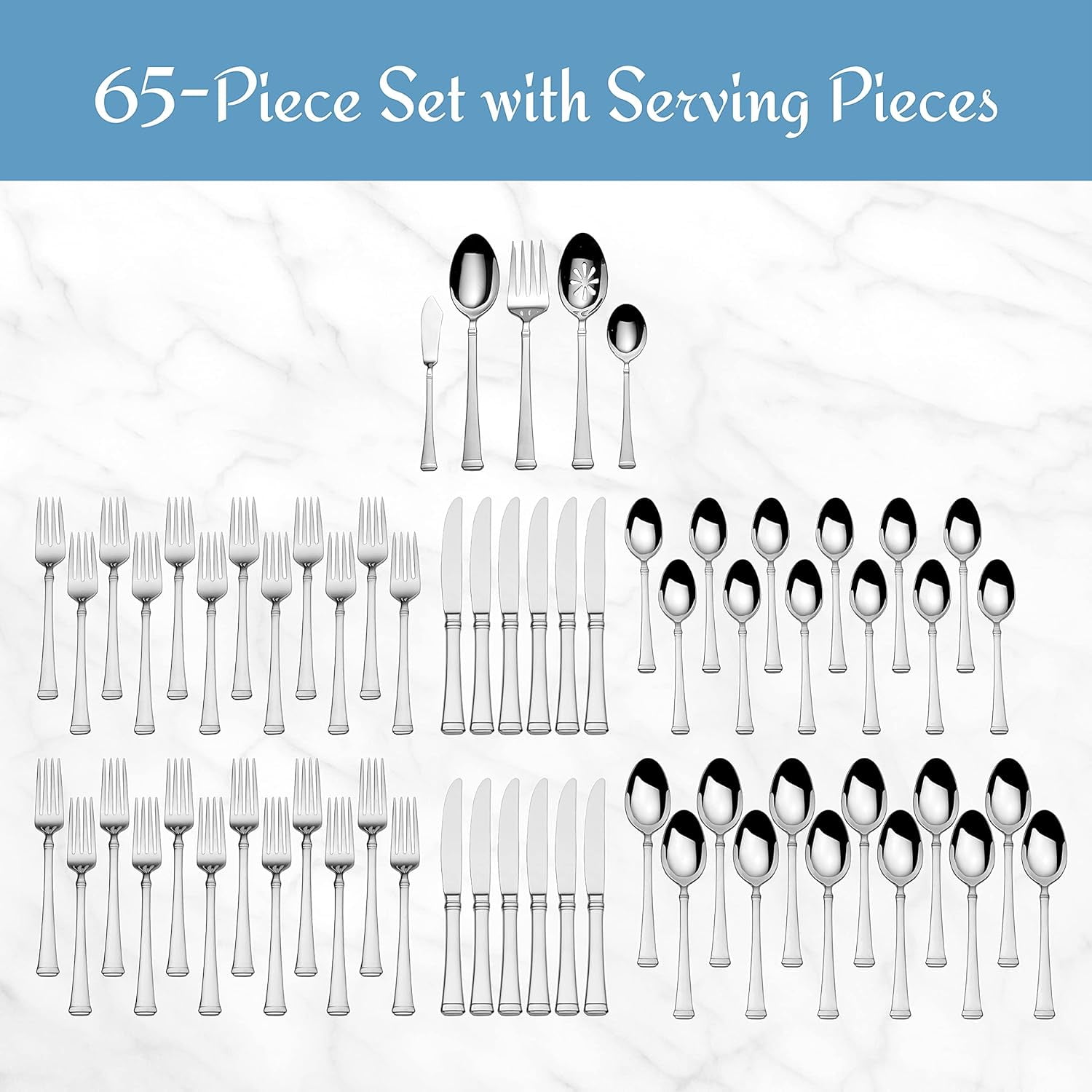 Gorham Biscayne 65-Piece Stainless Steel Flatware Set - Silver With Hammered Handle Design