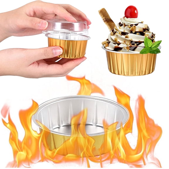 65 Pieces 125 ml Muffin Liners Cups with Lids and Spoons Set,5 oz Reusable Aluminum Foil Cupcake Ramekins,Mini Disposable Spoons for Muffin Pie Desserts Pudding (Gold)