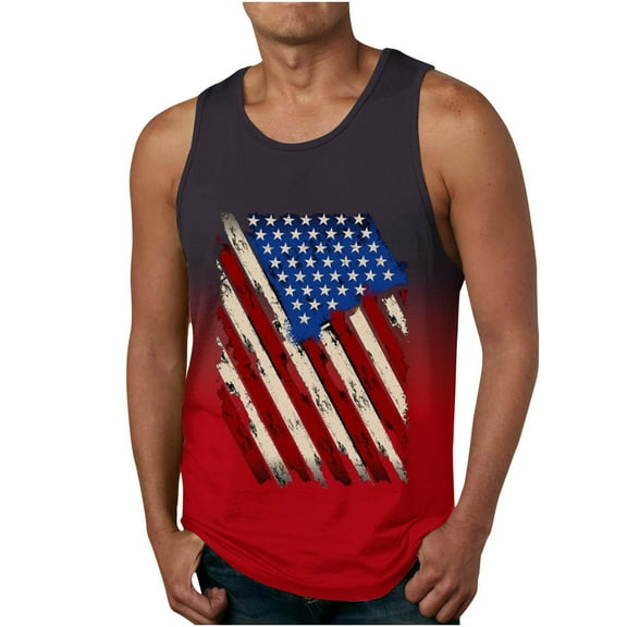 Pitauce Independence Day Tank Tops Men Casual USA Flag Print Crewneck Gym Workout Tank T-Shirt Plus Size Sleeveless Summer Tops2XL