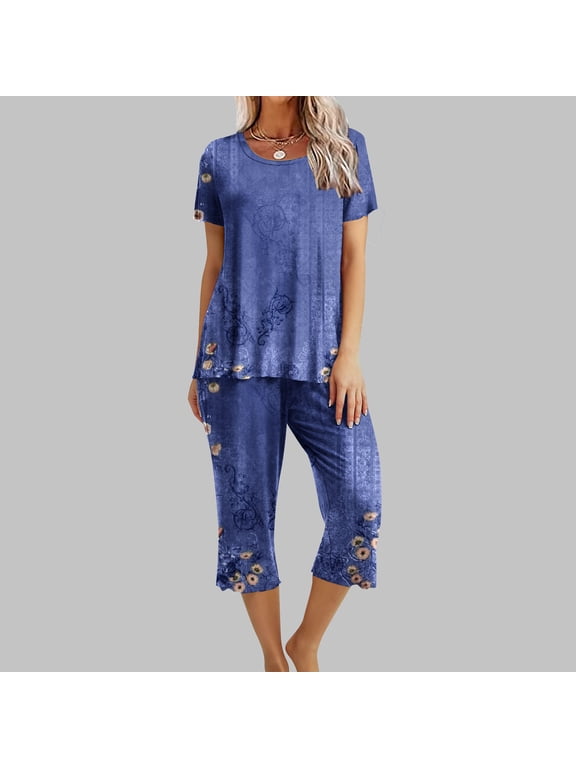 Lounge Set for Women 2 PC Outfits Summer Flower Printed Crewneck Short Sleeve Top Wide Leg Capri Pants Casual Loose Loungewear Set