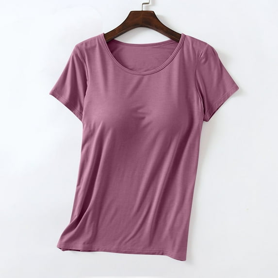 Summer Savings 2025 Pitauce Summer Tops for Women Modal Built-in-Bra T-Shirts Crew Neck Wireless Short Sleeve Tee Tops Plus Size Blouses with Chest Pad on Clearance