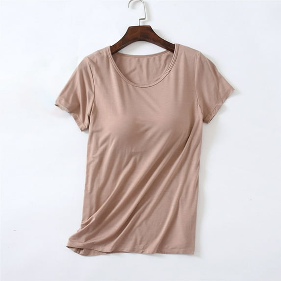 Up to 65% off Pitauce Summer Tops for Women Modal Built-in-Bra T-Shirts Crew Neck Wireless Short Sleeve Tee Tops Plus Size Blouses with Chest Pad on Clearance