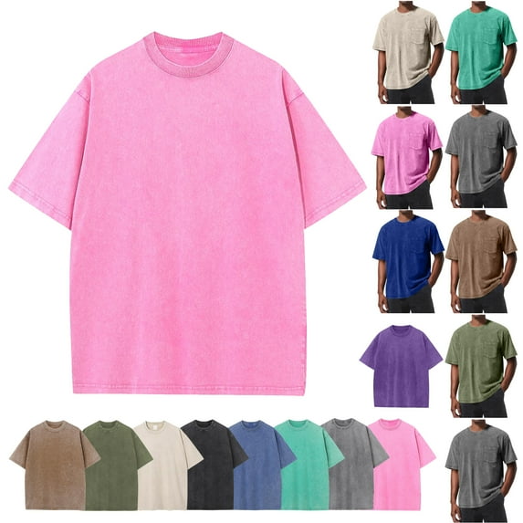 Up to 65% off Plus Size Short Sleeve Shirts Men's Casual Crew Neck Solid Color Versatile Short Sleeved Top Loose and Comfortable Basic Style Short Sleeved Round Neck Top/Shirt, Hot Pink, L