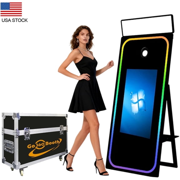 65" Portable Magic Mirror Photo Booth with 32" Touch Screen Mirror Photobooth with Camera and Printer and Square Ring Light Selfie Photo Booth Machine for Party Event Rentals
