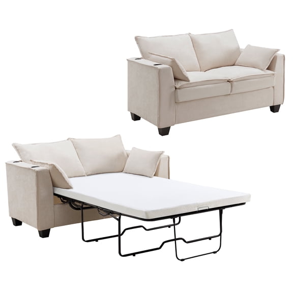 65" Pull Out Sofa Bed with USB Charging, Chenille Loveseat, Memory Foam Mattress