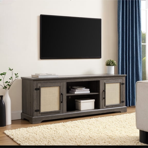 65" Rattan TV Stand for TVs up to 70 Inches, Entertainment Center with 3 Adjustable Shelves, TV Consoles for Living Room, Antique Gray