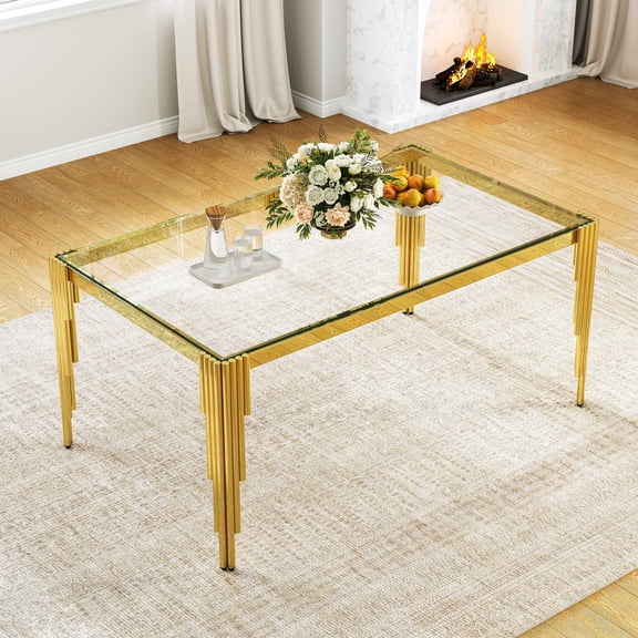 65" Rectangular Clear Tempered Glass Dining Table for 4-6 People, Modern Kitchen Table with Irregular Stainless Steel Legs, Dining Table for Dining Room or Living Room