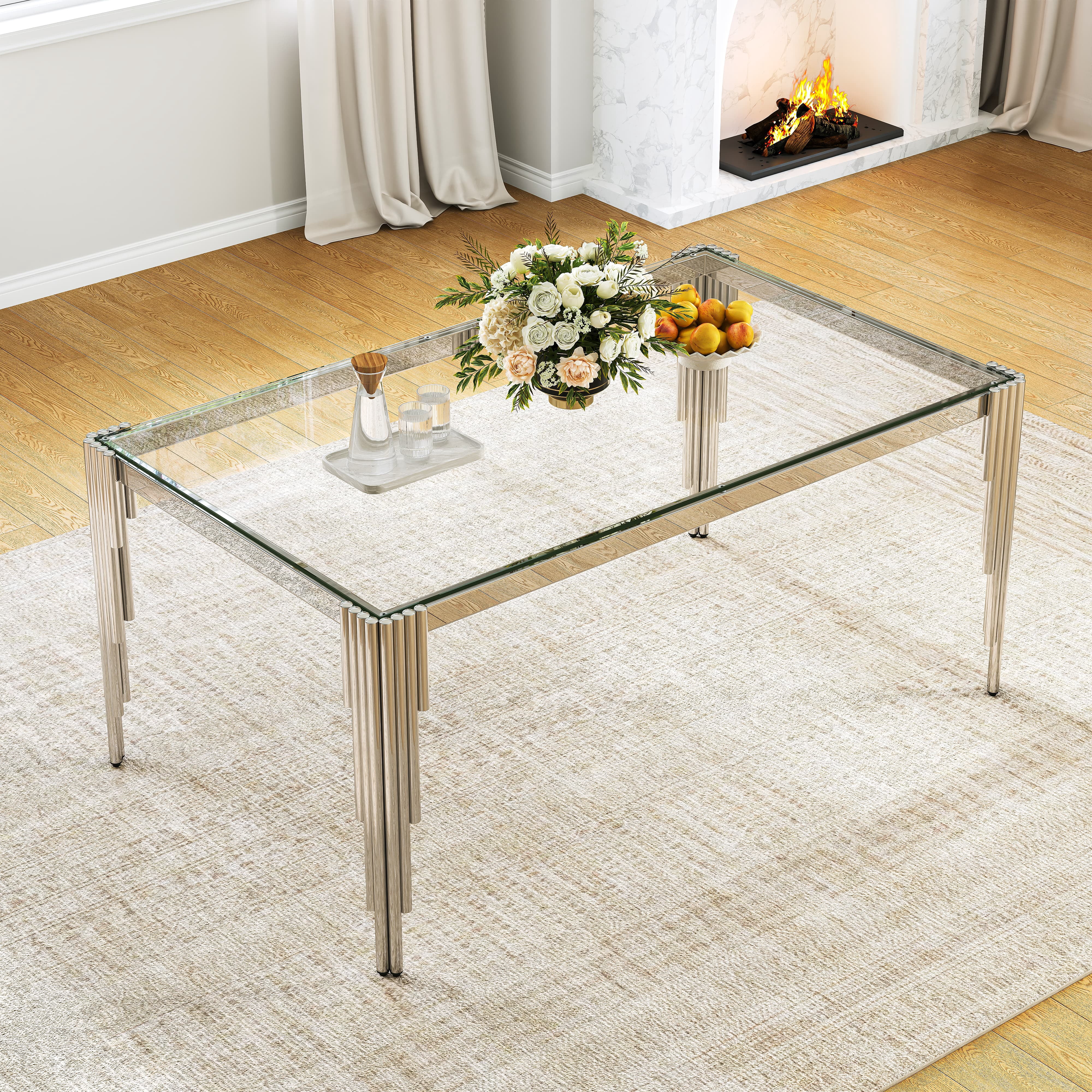 65" Rectangular Clear Tempered Glass Dining Table for 4-6 People, Modern Kitchen Table with Irregular Stainless Steel Legs, Dining Table for Dining Room or Living Room