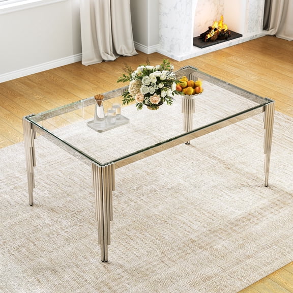 65" Rectangular Clear Tempered Glass Dining Table for 4-6 People, Modern Kitchen Table with Irregular Stainless Steel Legs, Dining Table for Dining Room or Living Room