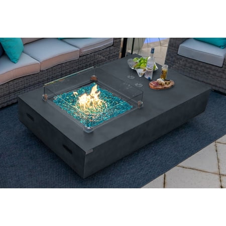 65" Rectangular Concrete Smokeless Fire Pit for Patio, Table with Glass Guard and Crystals in Gray (Emerald Green)