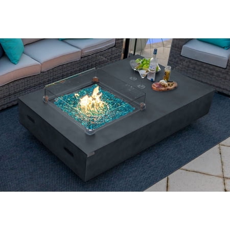 65" Rectangular Concrete Smokeless Fire Pit for Patio, Table with Glass Guard and Crystals in Gray (Onyx Black)