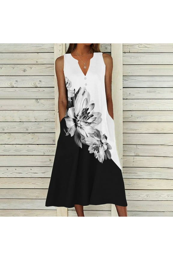 Sun Dresses Women Summer Casual Pleated Loose Swing Midi for Women Flral Print Knee Length Plus Size Dress Crewneck Short Sleeve Wedding Guest Dress