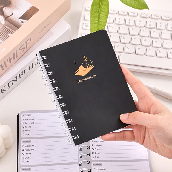 65-Sheet Black Password Book with Golden Spiral Binding | Secure Username and Password Storage, Perfect for Personal Life Planning and Organized Writing | Black PVC Cover and Label Stickers
