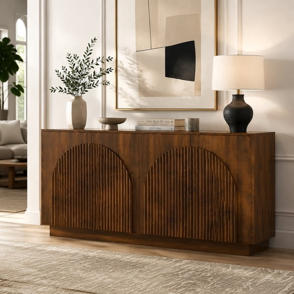 LKTART65" Sideboard Buffet Cabinet with Storage, Modular Credenza, Walnut Modern Accent Cabinet for Living Dining Room Entryway, Media Console TV Stand, Fluted Double-Layered Arched Doors, Wood Grain