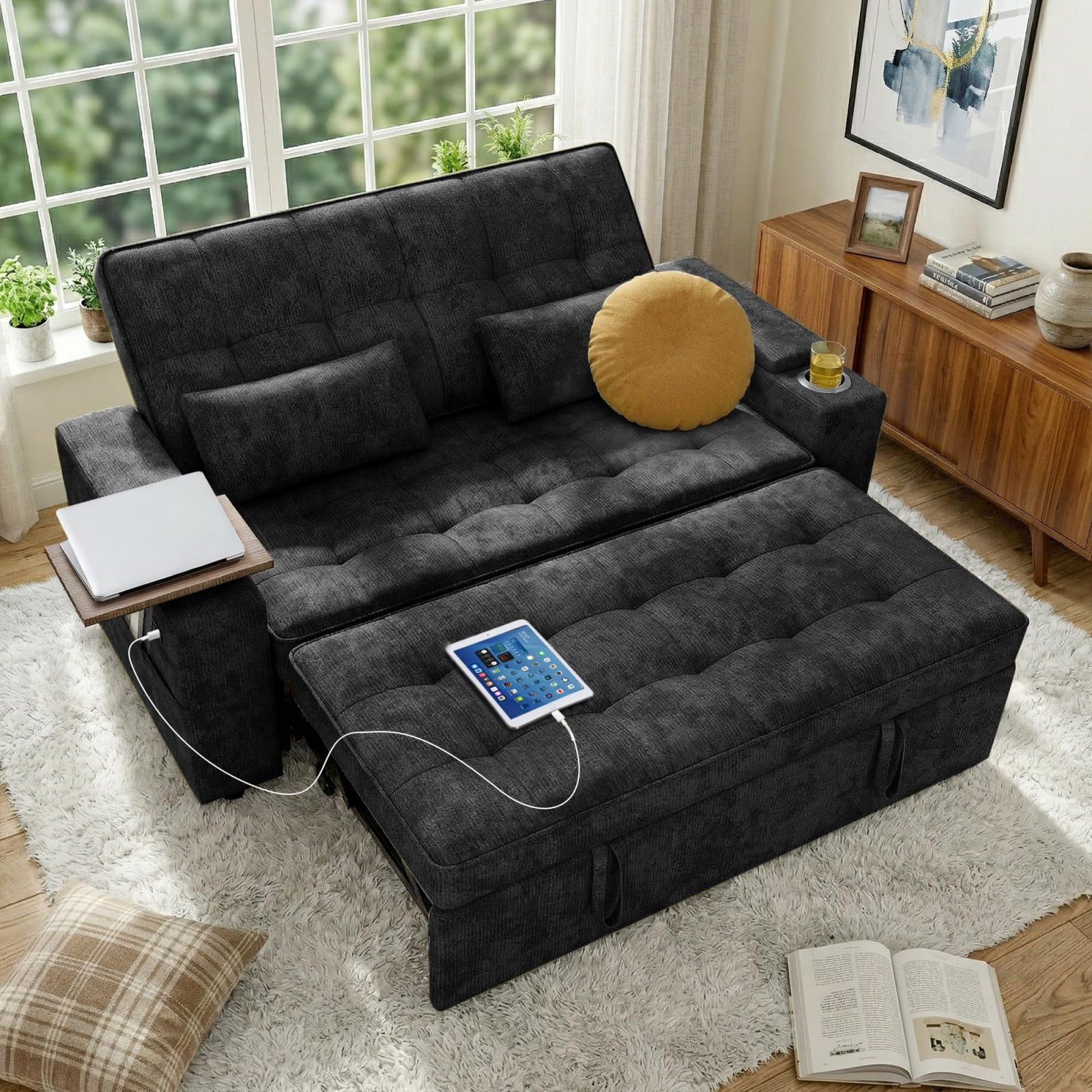 65" Sleeper Sofa Bed, 3 in 1 Convertible Pull Out Couch with Chenille Fabric, USB Ports, Storage Arms, Adjustable Backrest for Apartment Living Room, Black