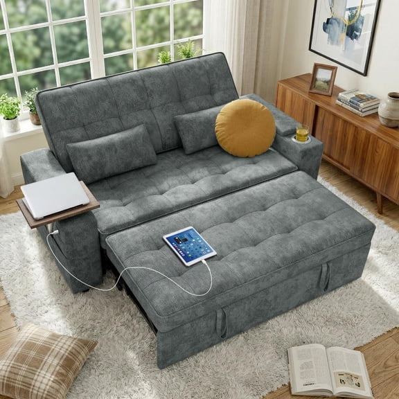 65" Sleeper Sofa Bed, 3 in 1 Convertible Pull Out Couch with Chenille Fabric, USB Ports, Storage Arms, Adjustable Backrest for Apartment Living Room, Dark Gray