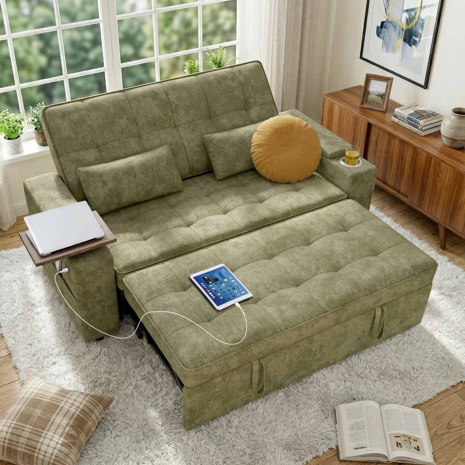 65" Sleeper Sofa Bed, 3 in 1 Convertible Pull Out Couch with Chenille Fabric, USB Ports, Storage Arms, Adjustable Backrest for Apartment Living Room, Green