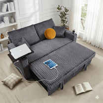 65in Sleeper Sofa Bed, 3 in 1 Convertible Pull Out Couch with Small Table, USB Ports, Cup Holders & 5-Level Adjustable Backrest, Corduroy Loveseat Sofa for Apartment, Bedroom, Living Room (Dark Gray)