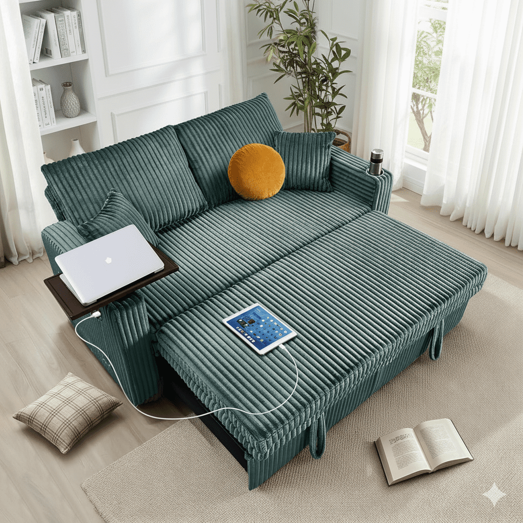 65in Sleeper Sofa Bed, 3 in 1 Convertible Pull Out Couch with Small Table, USB Ports, Cup Holders & 5-Level Adjustable Backrest, Corduroy Loveseat Sofa for Apartment, Bedroom, Living Room (Green)