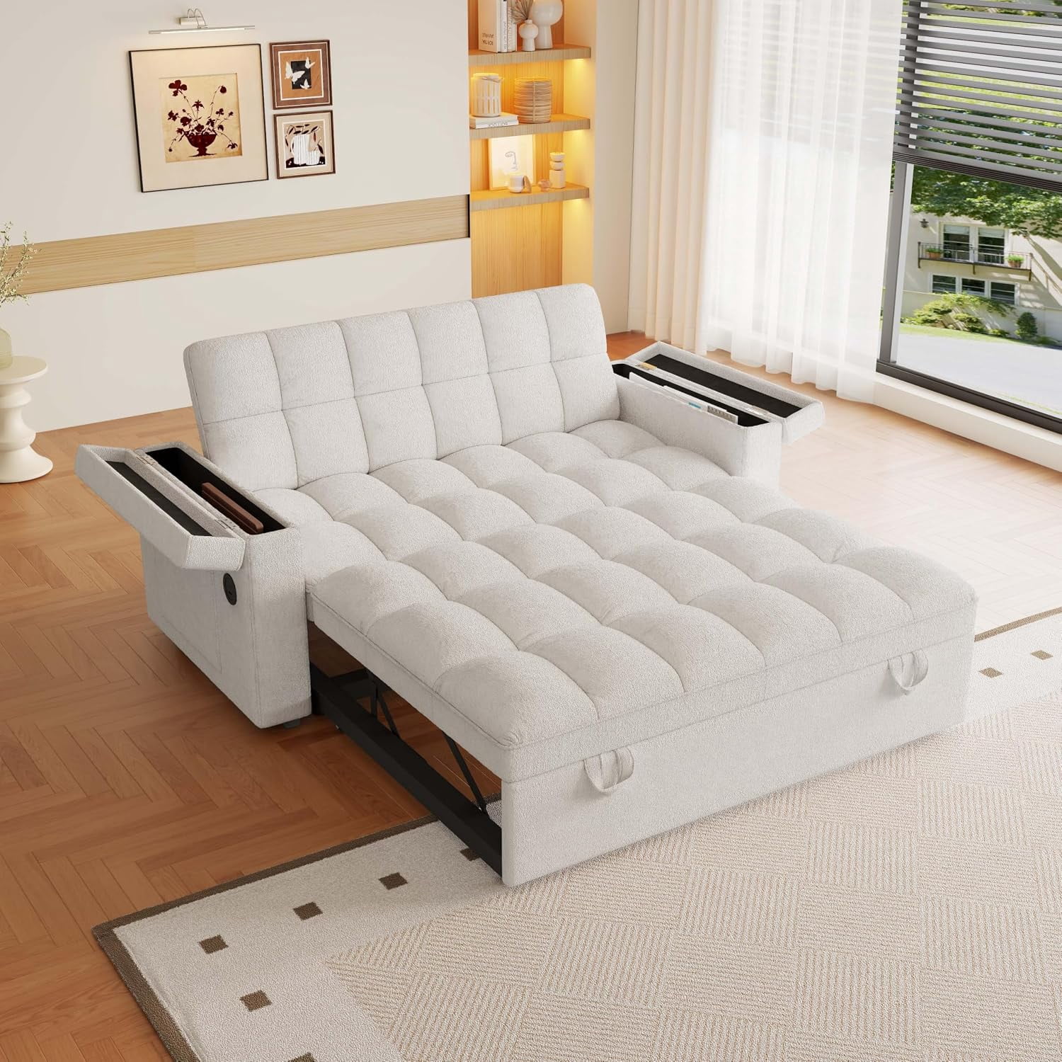 65'' Sleeper Sofa Bed Full, Pull Out Couch, RV-Friendly, Chenille Beige,3-in-1 Convertible Sofa with Table & USB, Storage Space, Fit for Movie Nights, Loveseat for Apartment, Living Room, Camper