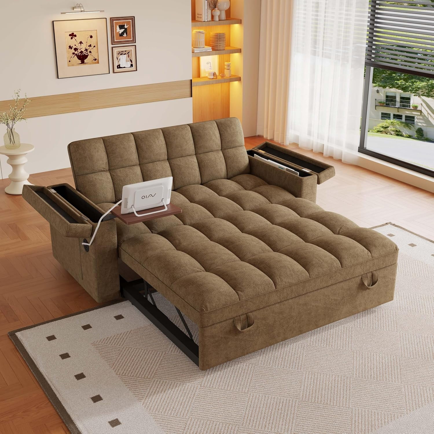 65'' Sleeper Sofa Bed Full, Pull Out Couch, RV-Friendly, Chenille Brown,3-in-1 Convertible Sofa with Table & USB, Storage Space, Fit for Movie Nights, Loveseat for Apartment, Living Room, Camper