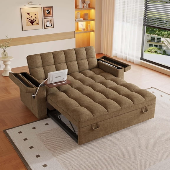 65'' Sleeper Sofa Bed Full, Pull Out Couch, RV-Friendly, Chenille Brown,3-in-1 Convertible Sofa with Table & USB, Storage Space, Fit for Movie Nights, Loveseat for Apartment, Living Room, Camper
