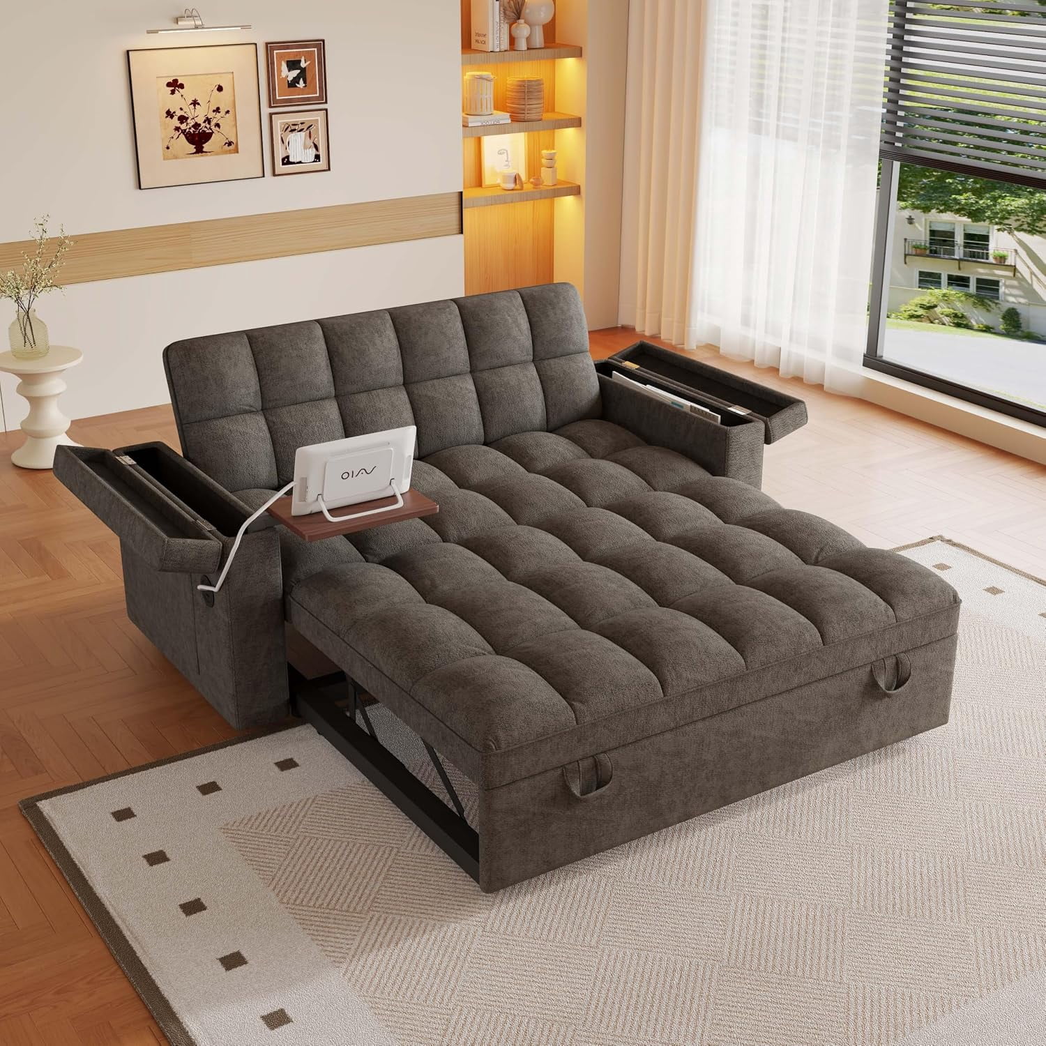 65'' Sleeper Sofa Bed Full, Pull Out Couch, RV-Friendly, Chenille Dark Grey,3-in-1 Convertible Sofa with Table & USB, Storage Space, Fit for Movie Nights, Loveseat for Apartment, Living Room, Camper