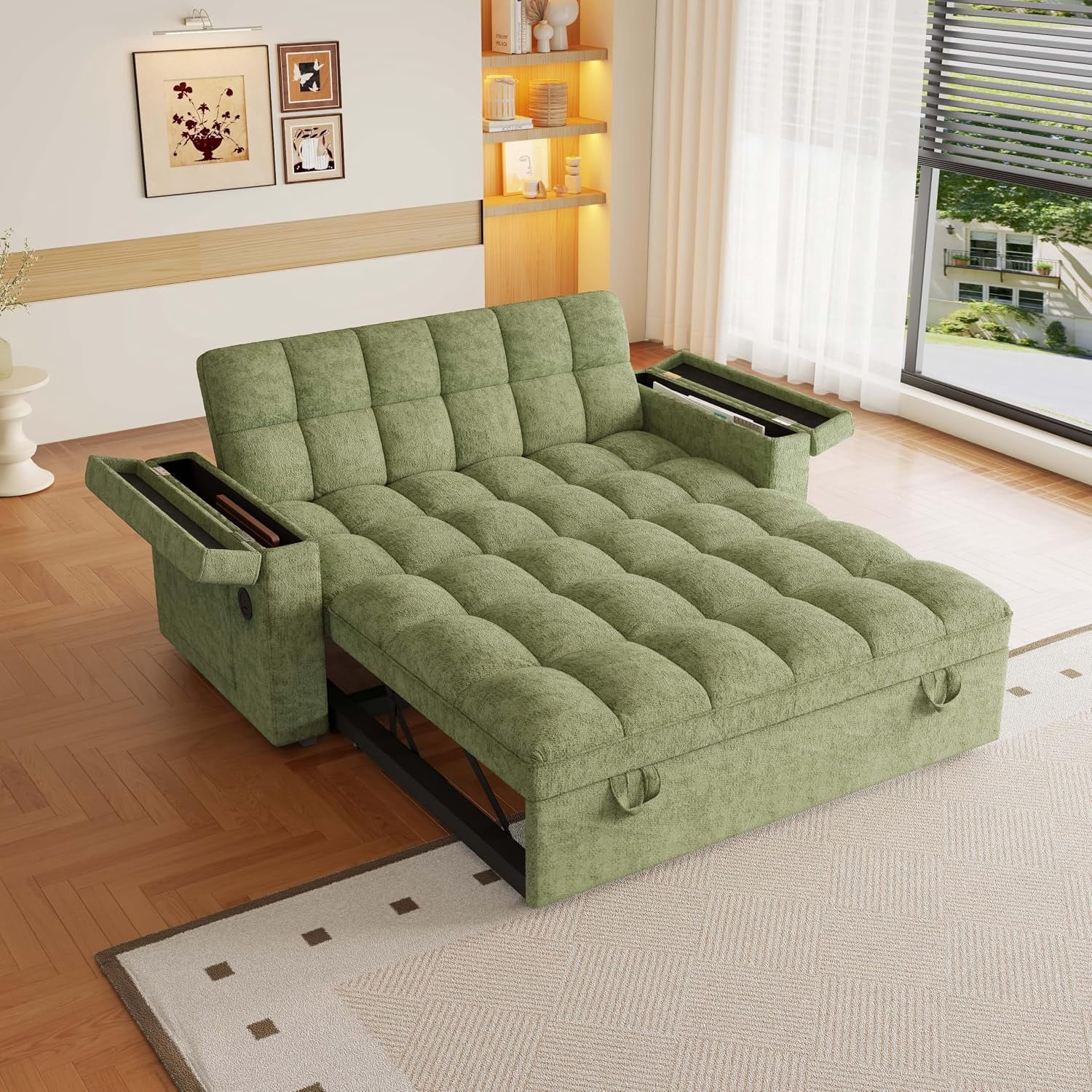 65'' Sleeper Sofa Bed Full, Pull Out Couch, RV-Friendly, Chenille Green,3-in-1 Convertible Sofa with Table & USB, Storage Space, Fit for Movie Nights, Loveseat for Apartment, Living Room, Camper