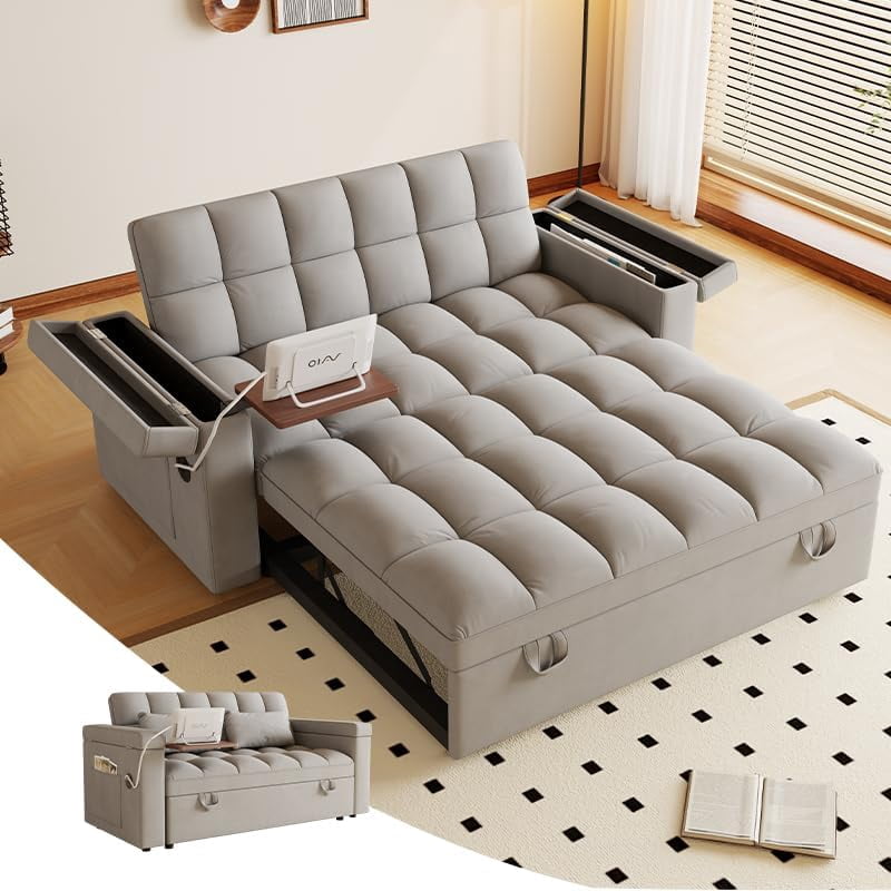 65'' Sleeper Sofa Bed Full, Pull Out Couch, RV-Friendly, Velvet Light Grey,3-in-1 Convertible Sofa with Table & USB, Storage Space, Fit for Movie Nights, Loveseat for Apartment, Living Room, Camper